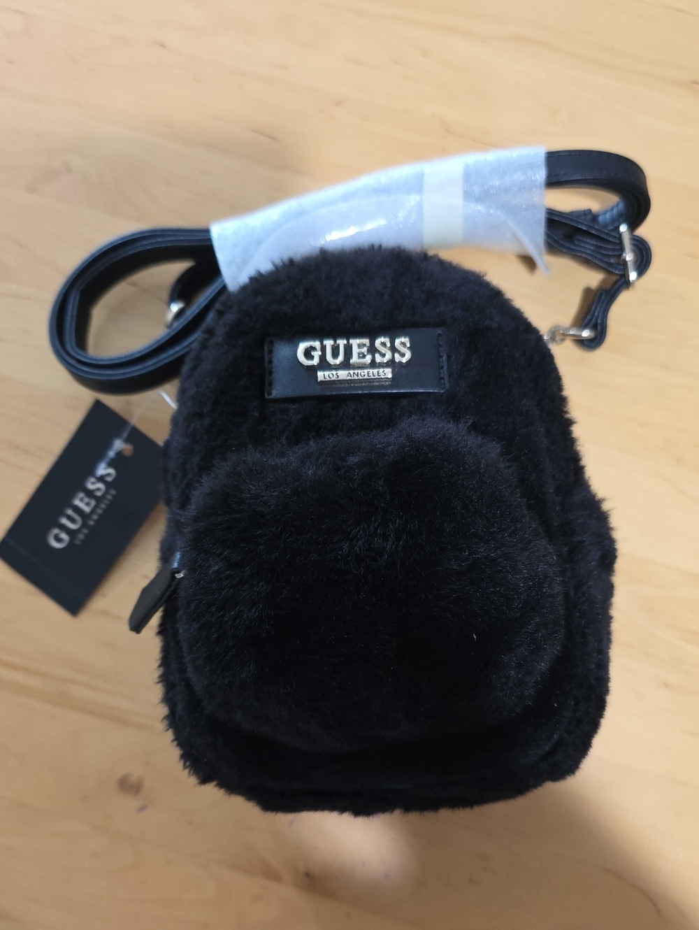 Guess Black Faux-Fur Mini Backpack Crossbody